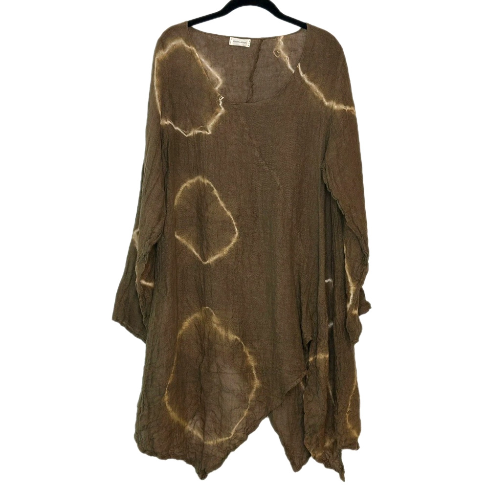 Krista Larson Linen Tunic Dress Top One Size Tie Dye Asymmetric Brown Lagenlook